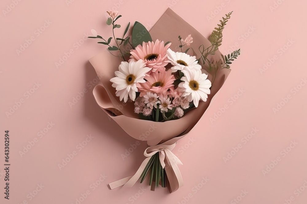 paper flowers with a bouquet of roses in a beige paper bag. flat lay, top view, copy spacepaper flowers with a bouquet of roses in a beige paper bag