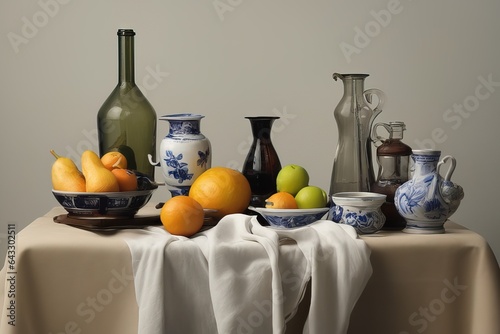 still life with fruits and flowersstill life with fruits and flowersstill life with white ceramic tableware and fruit, on the table photo