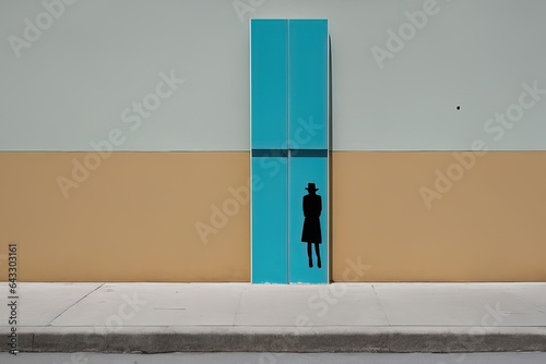 a vertical shot of a woman in a white dress with a doora vertical shot of a woman in a white dress with a doormodern building in the city photo