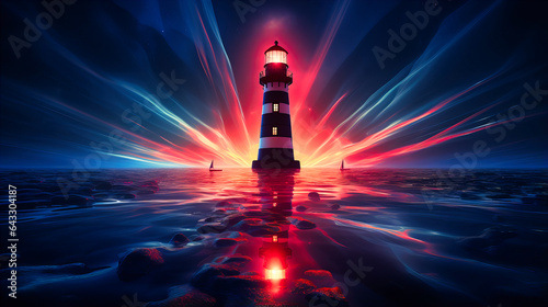 Neon lighthouse guiding with a beam of radiant light