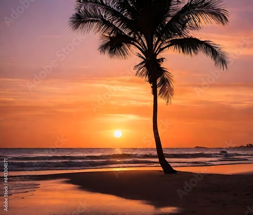 Orange sunset over tranquil beach with palm trees and calm ocean.