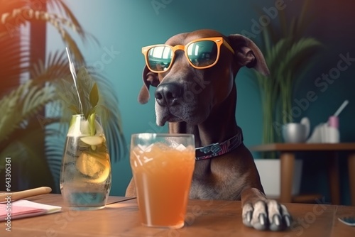 A dog sitting at a table with sunglasses and drinks © RealPeopleStudio