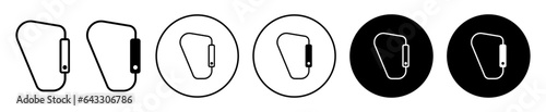 Carabiner icon set. rock climb safety carbine hook vector symbol in black filled and outlined style.