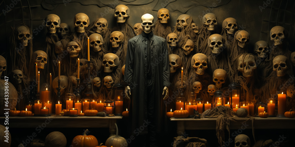 illustration of creepy skeleton standing before the wall with skulls. Halloween background