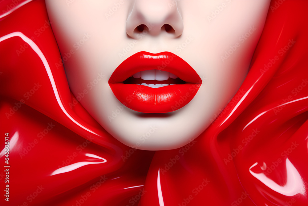 Woman's face with red lips framed by liquid red plastic. - obrazy, fototapety, plakaty 