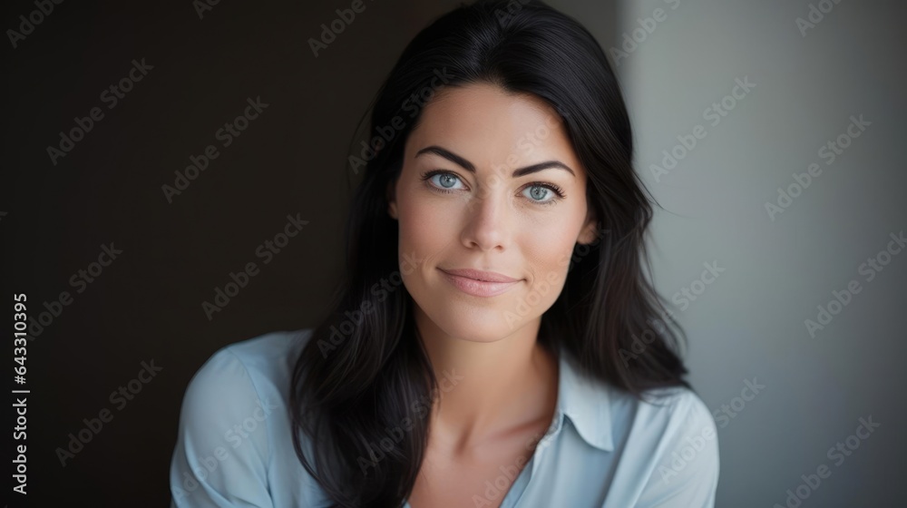 A portrait of a modern woman business assistant in a casual dress looking naturally with blue eyes and dark hair A portrait of a modern woman business assistant in a casual dress looking naturally with blue eyes and dark hair