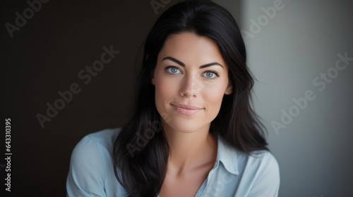 A portrait of a modern woman business assistant in a casual dress looking naturally with blue eyes and dark hair
