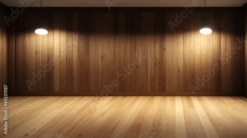 empty room with wooden floor and walls background can be used as product display or showcase 