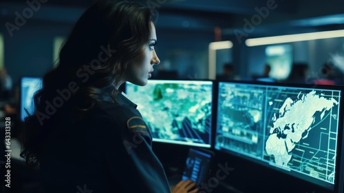 Close up Portrait of a woman in a ATC command center coordinating plane movements