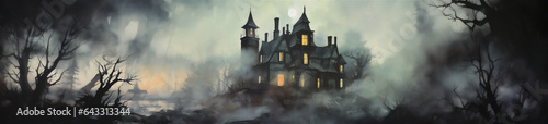 Watercolor Painting Eerie Haunted Landscape with Haunted Mansion  Halloween  Generative AI