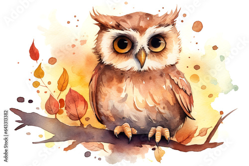 Cute full length happy owl watercolor illustration 