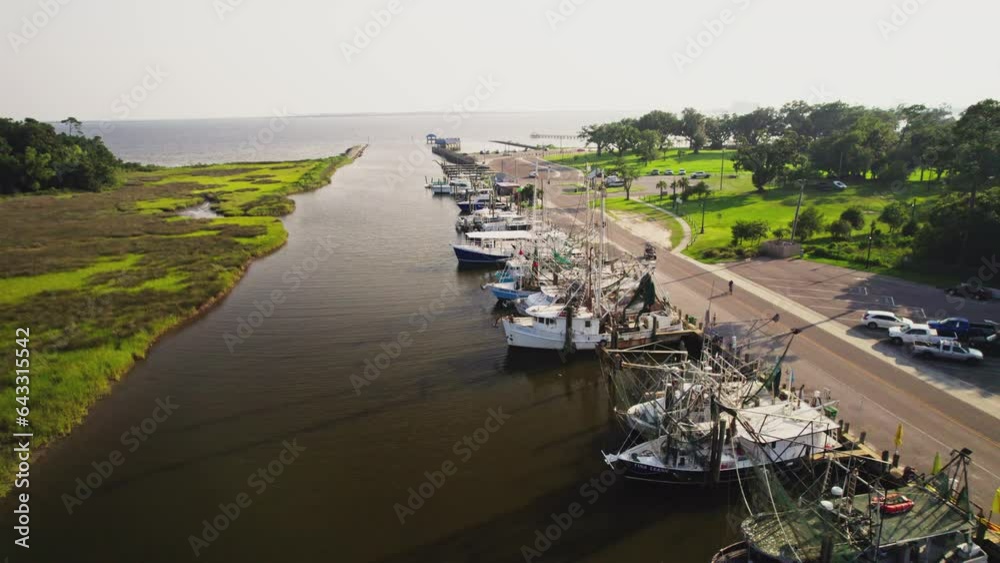 aerial of boats in ocean springs harbor overlooking gulf of Mexico