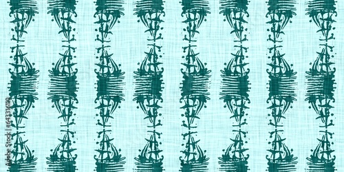 Teal green white vibrant watercolor batik azulejos tile border banner background. Seamless aqua coastal blur linen effect geometric mosaic effect.Boho Patchwork nautical masculine summer ribbon trim. 