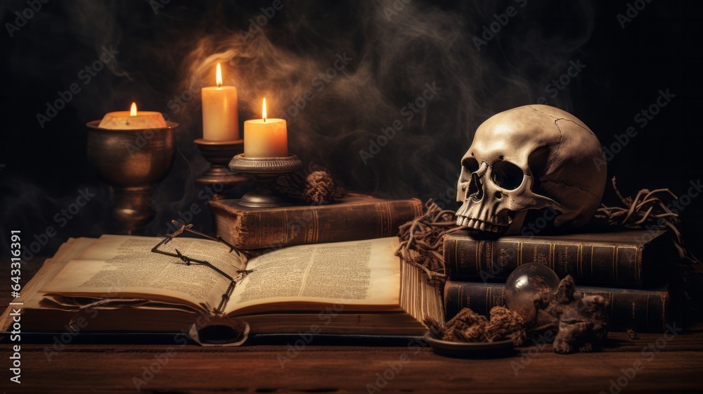 skull resting on a book with a candle nearby in a dark and mysterious setting skull resting on a book with a candle nearby in a dark and mysterious setting