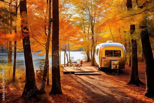 an rv parked on the shore of a lake surrounded by autumn foliage and trees with yellow leaves in the fore