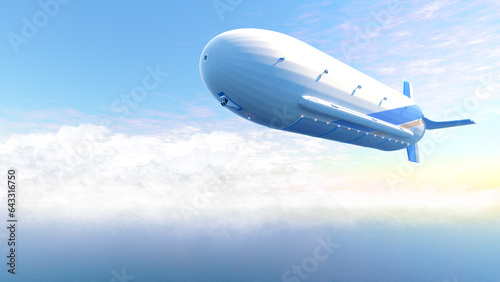 Concept 3d illustration render of future dirigble transportation with blimp, zeppelin, semi-rigid and rigid airships. Helium filled cargo airship for shipment of goods over the sea. 