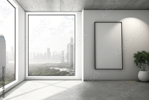 Modern concrete gallery with city views and mockups on the walls. Museum/home concept. Generative AI