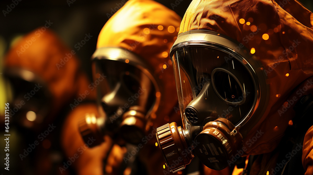 Nuclear power plant, men in uniform and masks to protect themselves from radiation - obrazy, fototapety, plakaty 