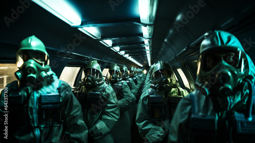 Nuclear power plant, men in uniform and masks to protect themselves from radiation
