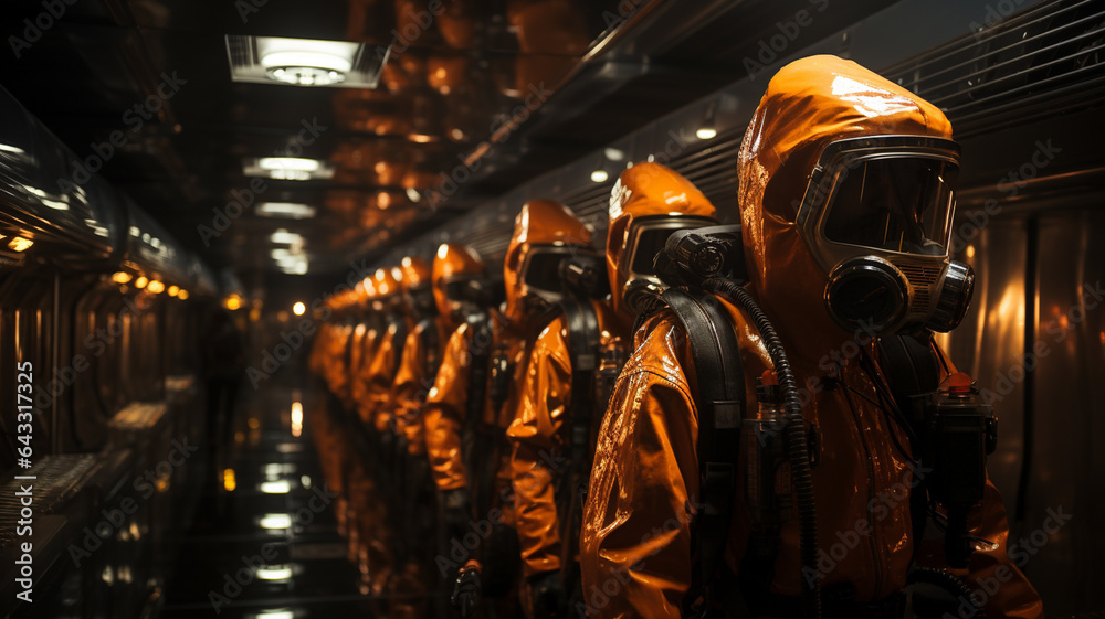 Nuclear power plant, men in uniform and masks to protect themselves from radiation