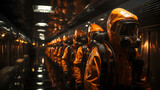 Nuclear power plant, men in uniform and masks to protect themselves from radiation