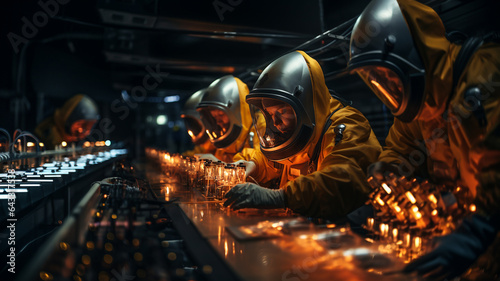 Nuclear power plant, men in uniform and masks to protect themselves from radiation