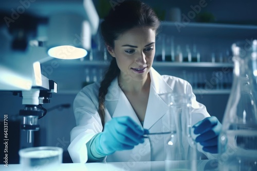 Close up Portrait of a woman in a pharmaceutical lab formulating new drugs