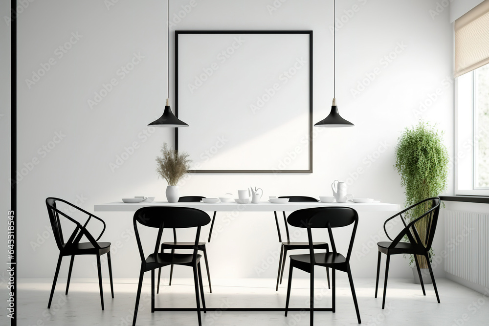 Fototapeta premium poster frame mockup in modern dining room interior with black table and chairs, white wall with sunbeams, concrete floor, minimalist, scandinavian,. Generative AI