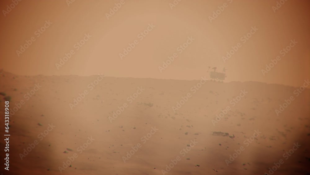 A Rover Exploring the Surface of Planet Mars in a Middle of a Dust Storm