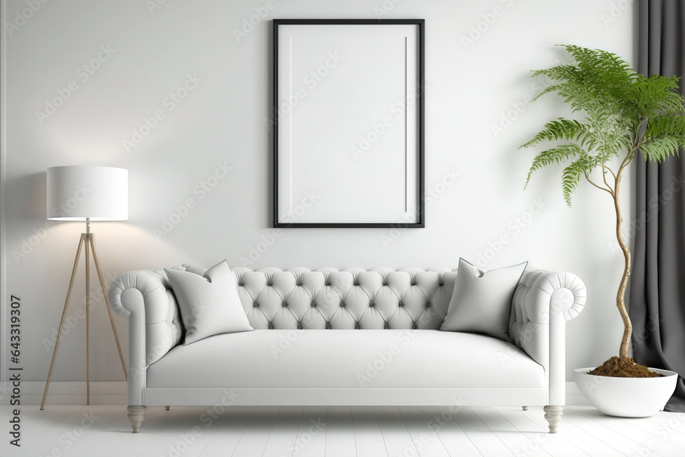 Living room mockup with white walls and a cotton sofa. Generative AI Living room mockup with white walls and a cotton sofa. Generative AI