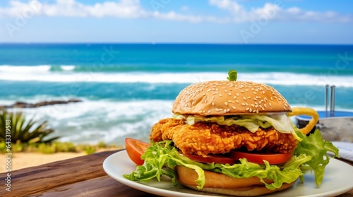 A fish burger with a crispy patty, fresh lettuce, and tartar sauce, laid on a beachside table with a view of the ocean.