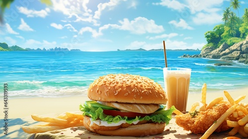 A fish burger with tartar sauce, lettuce, and a lemon wedge, set on a beachside table with the ocean in the background.