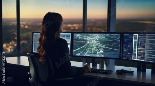 Portrait image of a woman in a bustling airport control tower coordinating takeoffs and landings amidst a myriad of screens