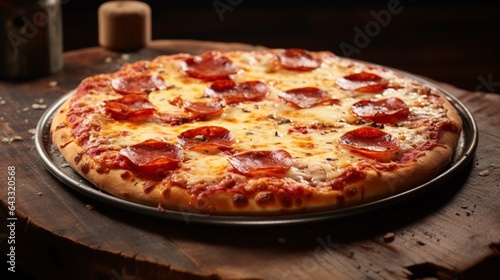 A pepperoni pizza with melted cheese and a golden crust, taken straight out of the oven