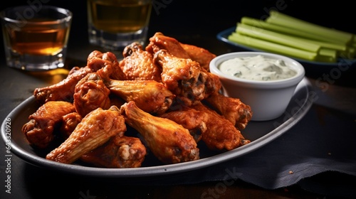 A tray of spicy chicken wings alongside celery sticks and a cup of blue cheese dressing, ready for game day.