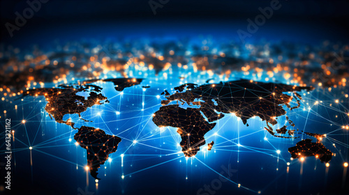 A digital world map illuminated with active trade routes and commerce hotspots #643321162