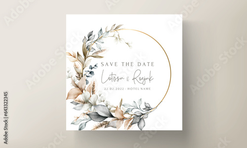 Elegant wedding invitation card with bohemian leaves watercolor