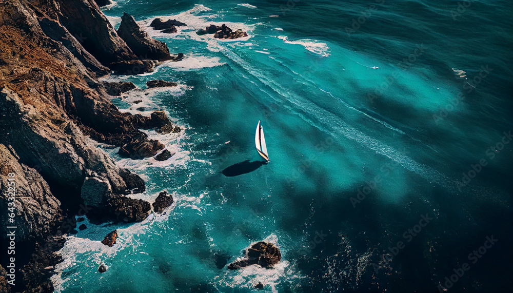 A breathtaking drone view of the ocean, turquoise waters stretching endlessly, sunlight glistening on the surface, waves crashing against rugged cliffs