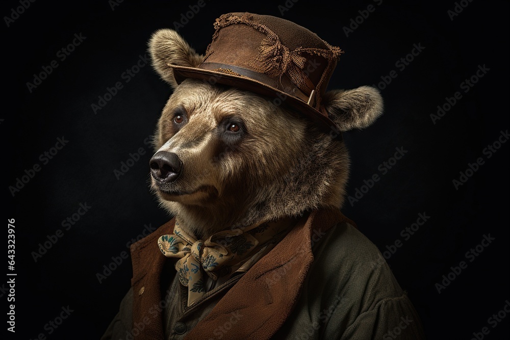 Studio photo portrait of bear dressed in 19th century