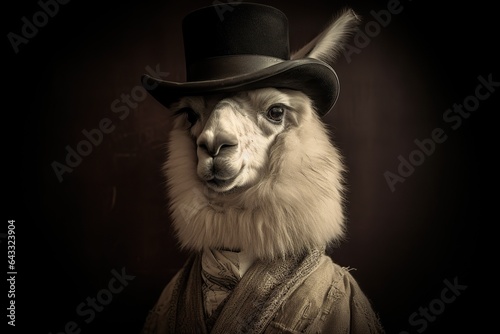 Studio photo portrait of alpaca dressed in 19th century