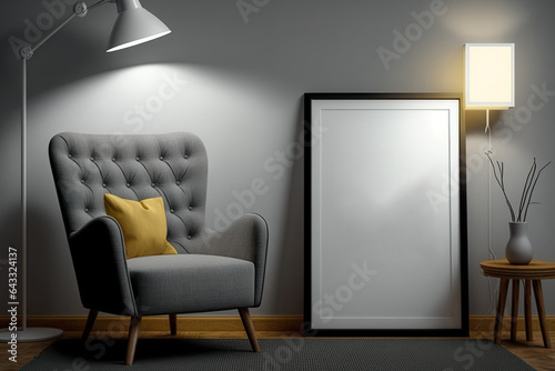 Mockup poster frames with reading lamp and armchair in modern interior background illustration. Generative AI