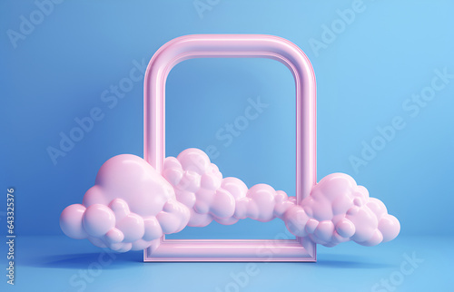 Pink frame with pink clouds on a blue background.