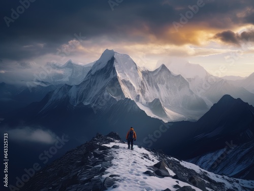 A person stands on the top of a mountain and looks into the distance, AI generated