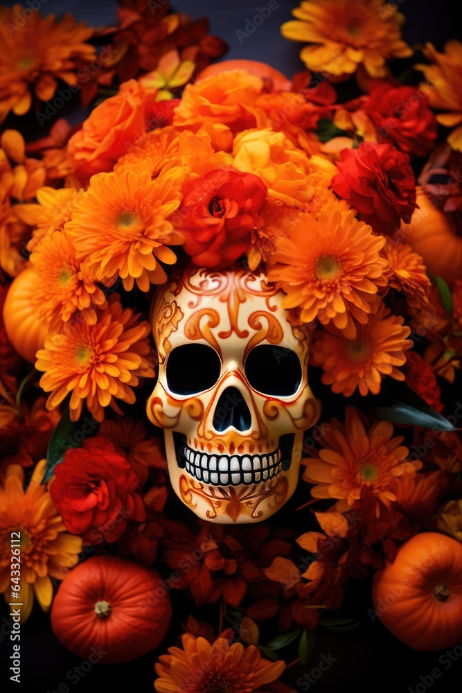 Around the sugar skull is an image of bright flowers of marigolds. Around the sugar skull is an image of bright flowers of marigolds.