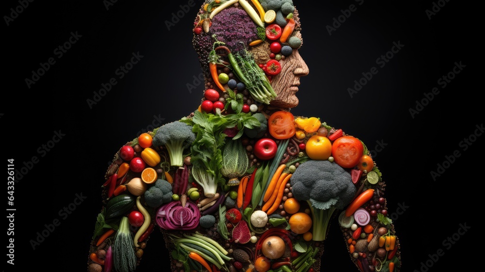 The image of the male silhouette is formed by a composition of bright vegetables and fruits.