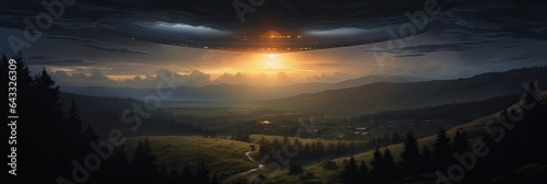 Image of a rural landscape with a UFO descending from the sky.