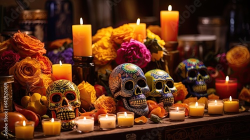 Image of a Day of the Dead altar decorated with marigold flowers and candles.