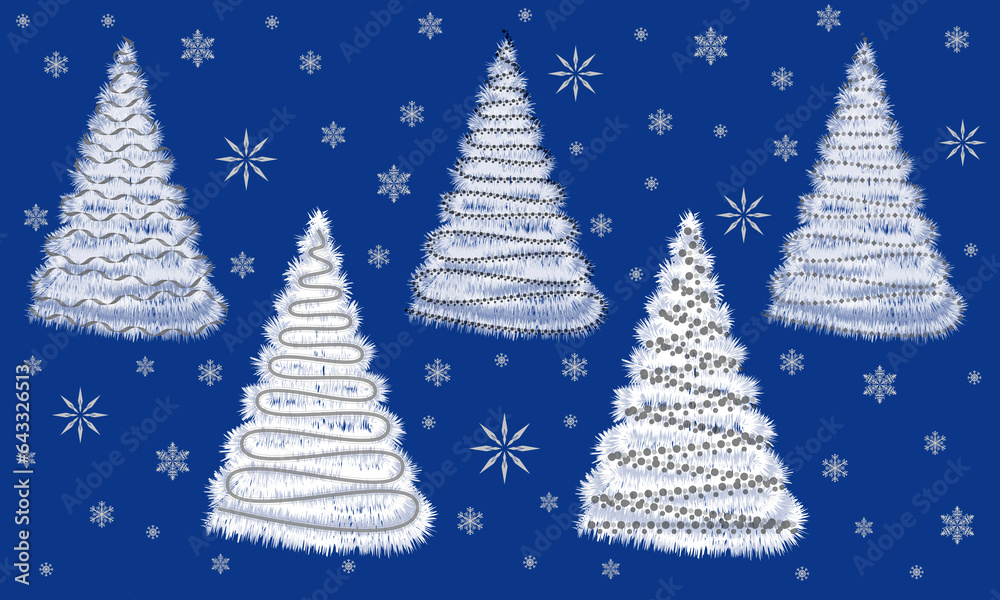 Set of cartoon christmas trees, for greeting card, invitation, banner, fabrics, wrapping paper, web. New Year and Christmas traditional symbol tree with garlands. Winter holidays. Collection of icons.