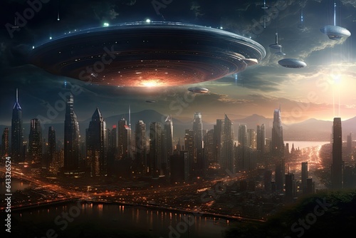 An image of a cityscape with a huge alien carrier ship.