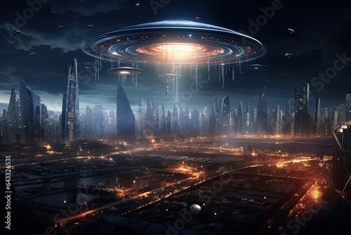 An image of a cityscape with a huge alien carrier ship.